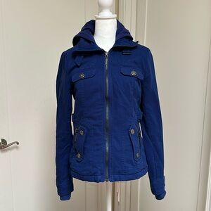 Blue fleece-lined utility jacket with hood (M)